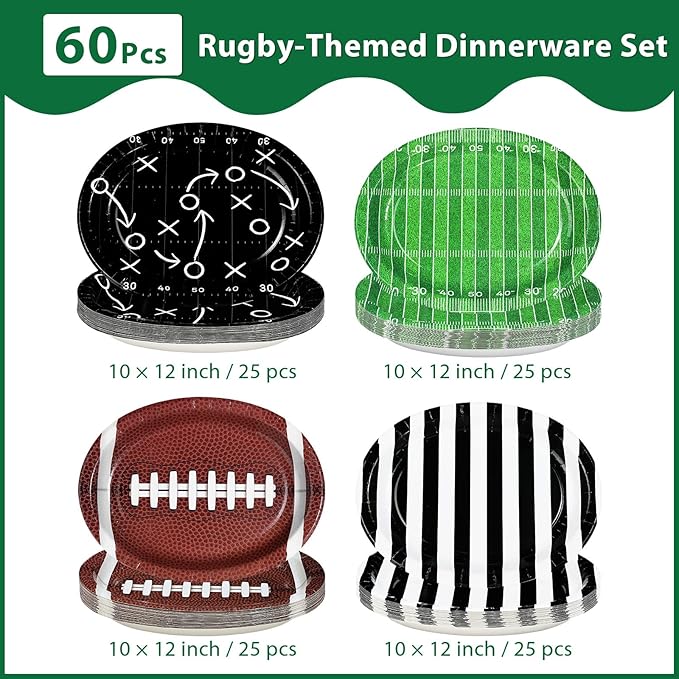 100Pcs Football Oval Paper Plates 10" x 12" Large Disposable Heavy Duty American Football Paper Platters Sports Theme Dessert Plates for Super Game Bowl Gameday Tailgate Party Supplies