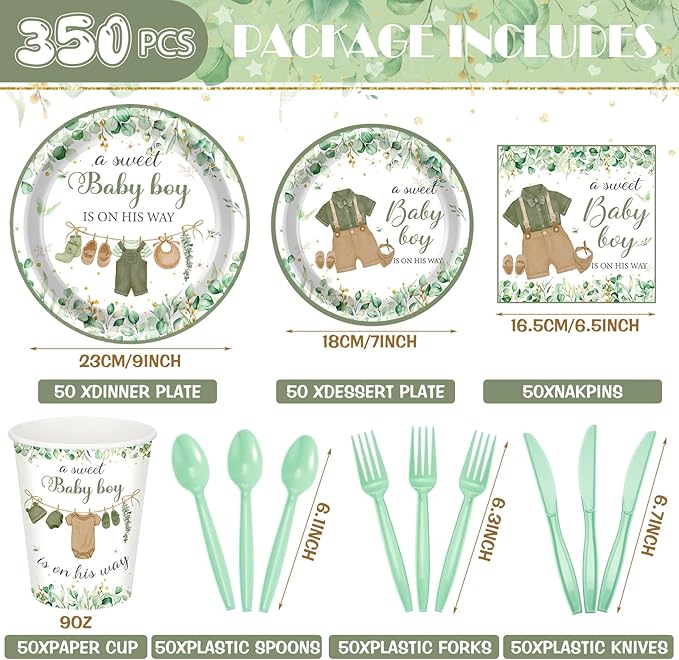 Dandat 350 Pcs Baby Shower Plates Set Baby Shower Party Supplies Serves 50 Tableware Sets Include Plates Napkin Cup Forks Knives Spoons Disposable Dinnerware (Boho,Green)