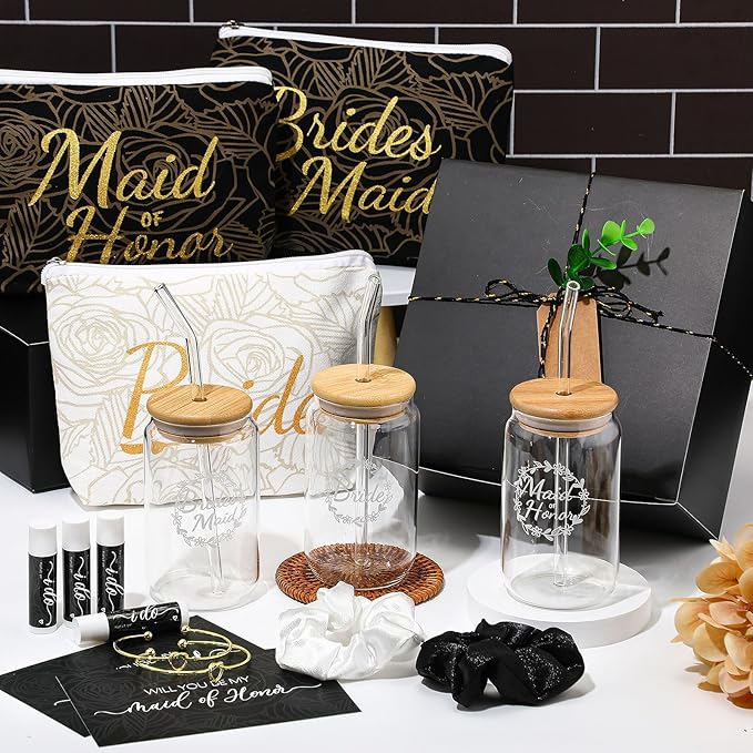 54 Pcs Bridesmaid Proposal Gifts, Maid of Honor Gift Include Wedding Gift Box Makeup Bag Invited Card Glass Cup Lip Balm Scrunchie Bracelet for Bridal Shower Bachelorette Party(Black, White)