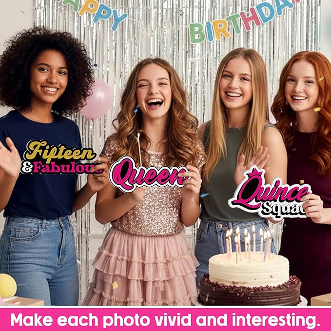 24 Pcs Spanish Quinceanera Photo Booth Props 15th Birthday Parties Decorations Single Sided 11.8" Mis Quince Anos DIY Water Proof Selfie Signs PVC Printing Photo Props for Decorations