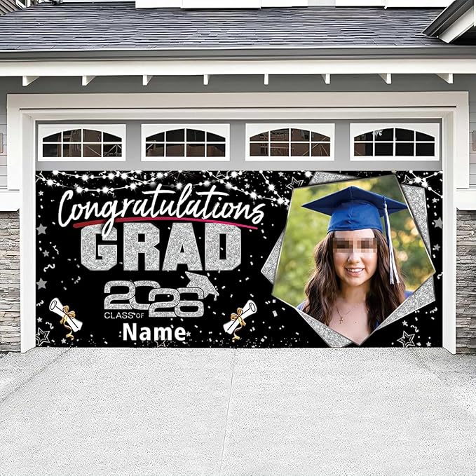 Custom Garaduation Garage Door Banner Cover 16 x 7 ft Class of 2026 Congrats Grad Party Backdrop Personalized Graduation Decoration(Black and Silve)