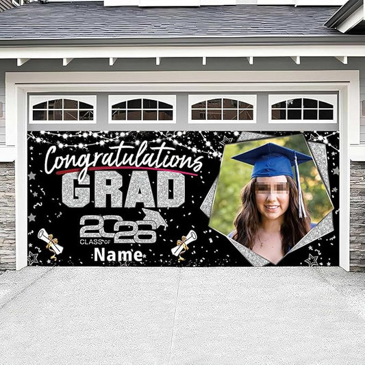 Custom Garaduation Garage Door Banner Cover 16 x 7 ft Class of 2026 Congrats Grad Party Backdrop Personalized Graduation Decoration(Black and Silve)