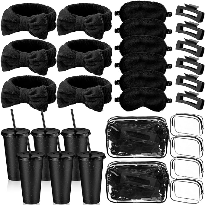 30 Pcs Spa Party Favors for Women Sleepover Party Supplies 6 Bow Headband 6 Eye Mask 6 Hair Clip 6 Cosmetic Bag 6 Glitter Plastic Cup for Adult Spa Birthday Bachelorette Gift(Black)
