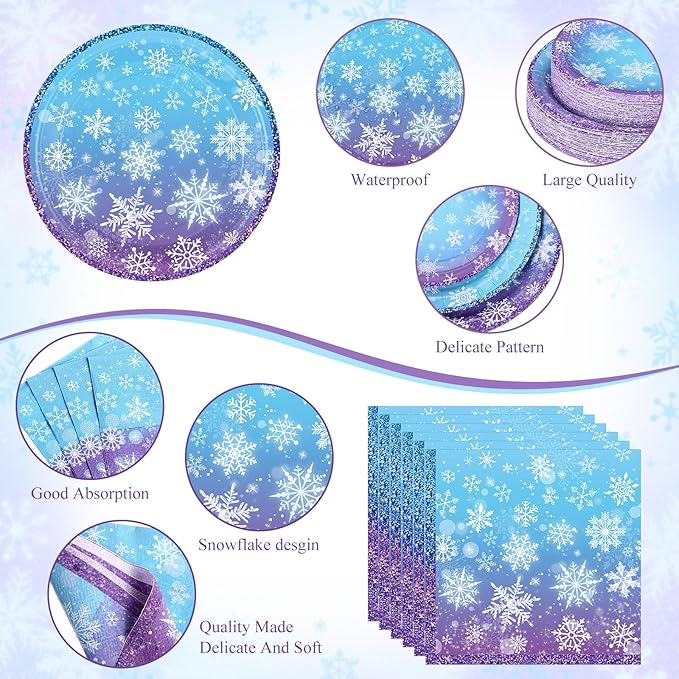 452 Pcs Winter Snowflake Party Decorations Purple Blue Wonderland Disposable Paper Plates Napkins Cups Tablecloth Cutlery Straws for Christmas Holiday Birthday Party Supplies