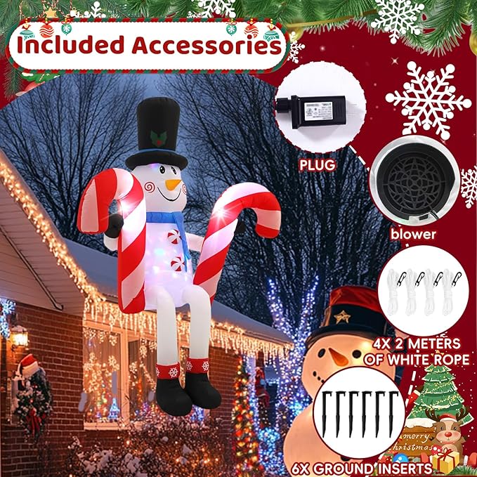 8FT Snowman Sitting on The Roof Outdoor Inflatable Decoration with LED Lights for Yard and Lawn Decorations at Christmas