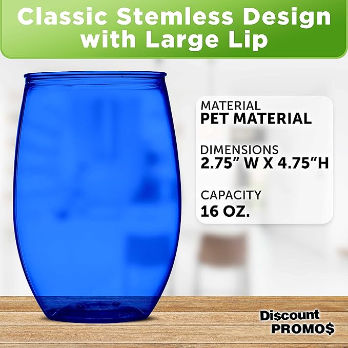 Plastic Stemless Wine Glasses 16 oz. Set of 10, Bulk Pack - BPA Free, Great for Outdoor Lounges, Poolside, Parties and Other Events - Blue