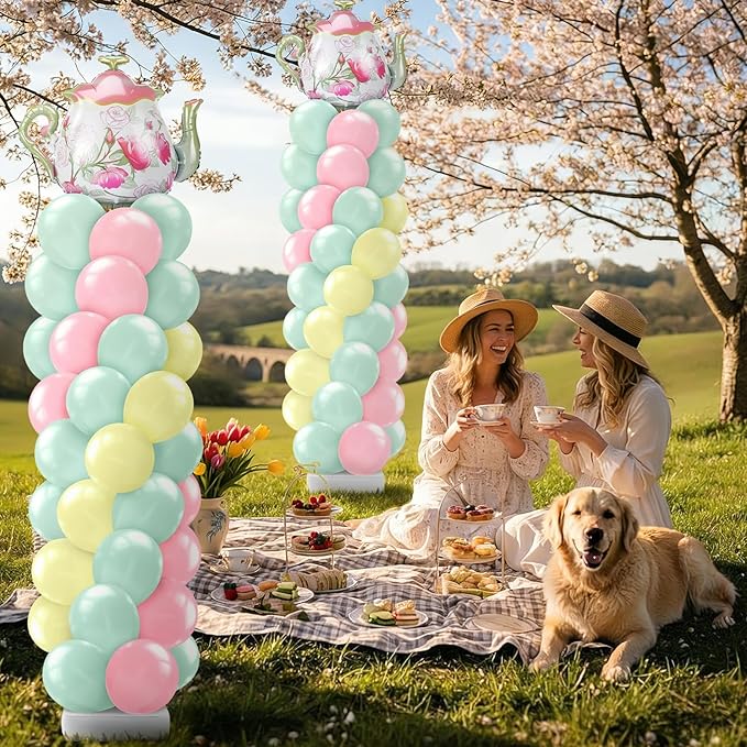 Kasyat 2 Set Tea Party Balloon Column Stand Kit with Adjustable Pastel Foil Balloon Arch Tea Party Decor for Spring Bridal Shower Wedding Baby Shower Teapot Birthday Decorations