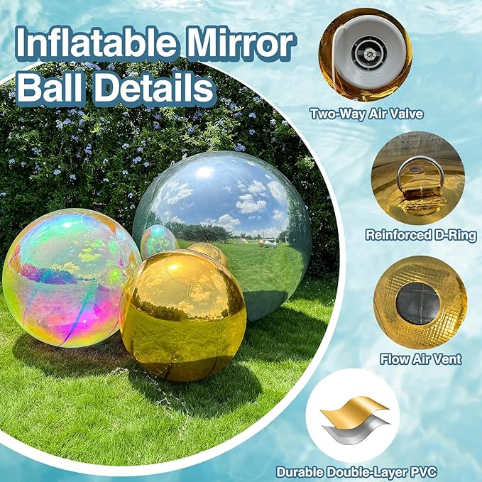 Silver Inflatable Mirror Ball, Big Shinny Mirror Balls Reusable Large PVC Disco Ball Balloon for Large Event Decoration, Party, Concerts, Stage, Wedding Decor, Without Air Pump(1 Pcs, 47.2in)