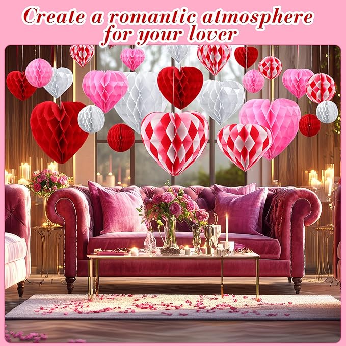 48 Pcs Valentine's Day Paper Heart Shaped Honeycomb Party Decorations Red Pink White Color Blocking Round Heart Tissue Paper Pom Poms for Birthday Wedding Decorations, 5 Size