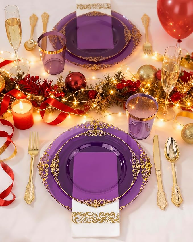 Nervure 350PCS Purple Plastic Plates - Disposable Purple Gold Party Plates & Pre Rolled Napkins with Cutlery for 50 Guests, 100Plates, 150 Silverware, 50 Cups, 50 Napkin for Wedding & Party & Bridal