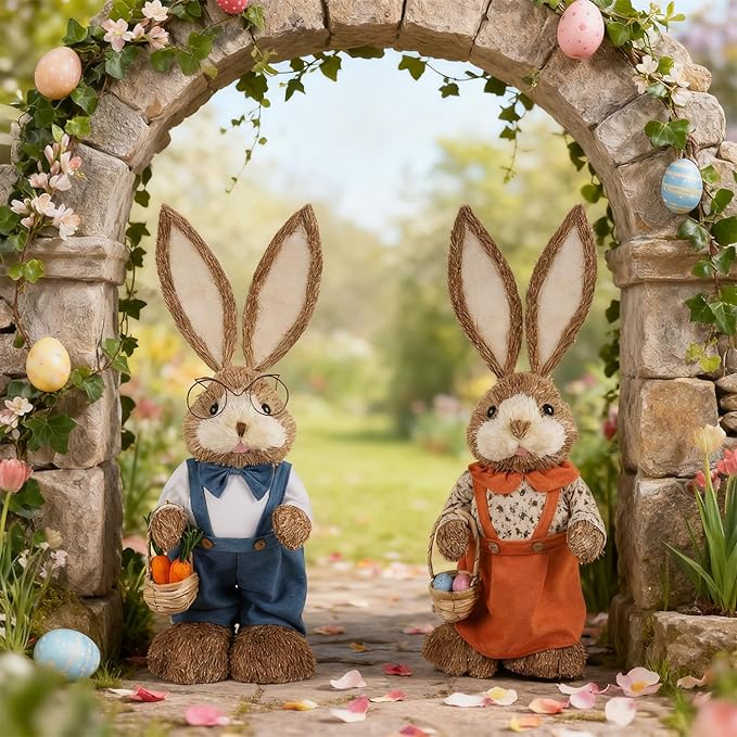 Juegoal Easter Straw Bunny Decorations, 32"(2.6FT) Extra Large Standing Mrs. Bunny Figurine, Handmade Easter Rabbit Statues, Cute Photo Props Gifts for Office Kitchen Farmhouse Spring Home