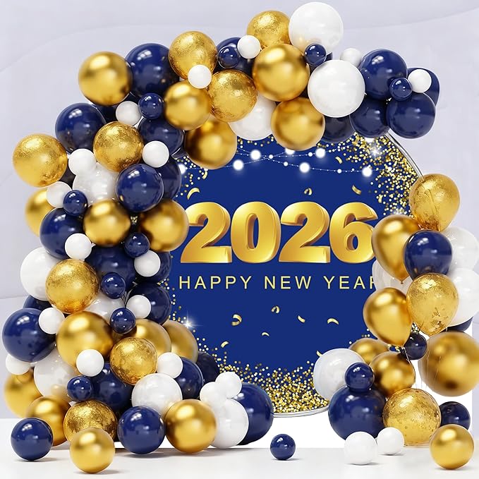 YongFoto 2026 Happy New Year Round Backdrop Cover 6.5ft Gold Blue Photography Background Merry Christmas Xmas Eve New Year's Night Festival Carnival Family Celebration Party Banquet Decor Banner