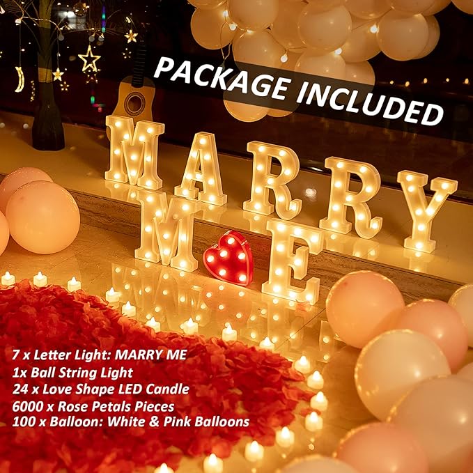 6132pcs Marry Me Marquee Light Up Letters- LED Letter Number Light Sign with Round Light Rose Petal Balloons Decoration for Proposal Engagement Wedding Home Table Decor White