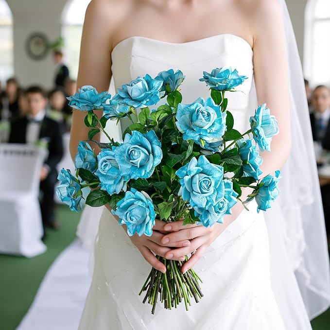 Artificial Flowers 23.2In Artificial Roses 20PCS Fake Roses Long Stem Artificial Flowers for Tall Vase Silk Rose Spring Suitable for Indoor Wedding Party Decor Valentine's Day DIY Bouquet,Blue