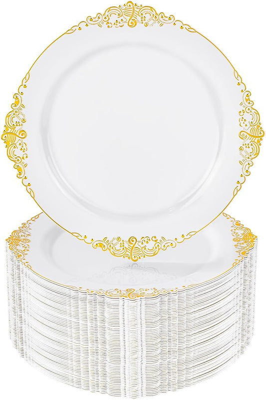 Nervure 100Pcs White and Gold Plastic Plates - 7.5inch Gold Disposable Plates - Heavyweight Plastic Dessert Plate for Wedding & Party