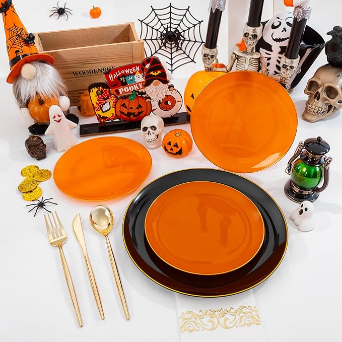 MirthMood 210PCS black and orange Plastic Plates,Black Disposable Plates –Plastic Plates Set Includes 30 Dinner,30 Dessert Plate,30 Cup&30 Napkins, 30 Gold Silverware for Wedding& Thanksgiving
