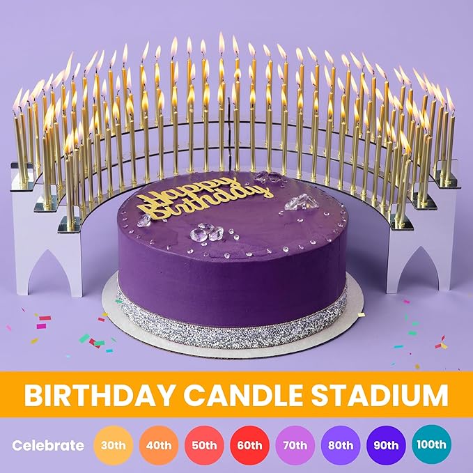 Silver-Mirror Finish Candle Holder for Milestone Birthday, Candlestick Holder, Table Decor for 40th, 50th, 60th, 70th, 75th, 80th, 90th, 100th, Includes 100 Gold Birthday Candles