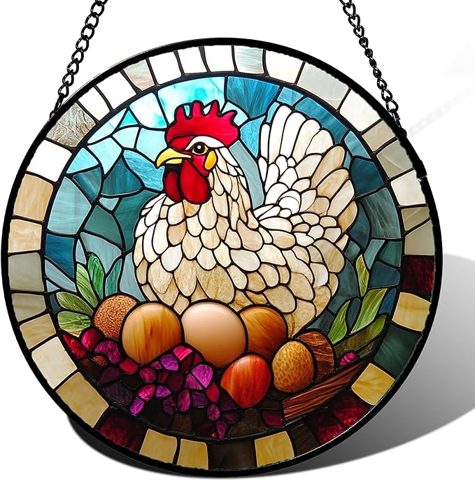 Stained Glass Window Hanging White Chicken Hatching Eggs Large 11.8" - Suncatcher Door Garden Sunroom Sun Catcher Home Decor Birthday Christmas for Mom Men Woman Nana