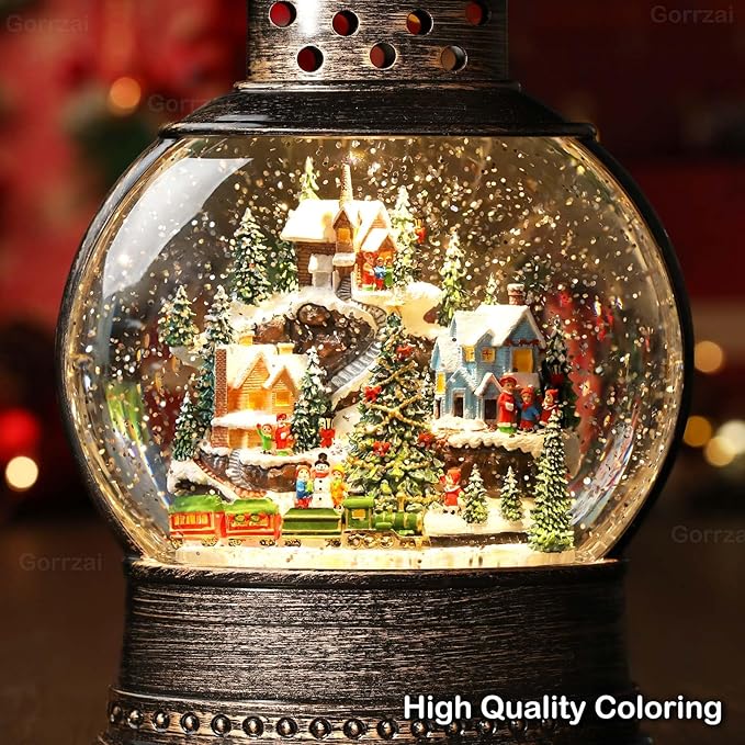Village Snow Globe 12 Inch Christmas Snow Globe Lantern, Lighted Christmas Decorations Indoor with Music Timer Glitter, Navidad Musical Train Snowglobe Home Decor, USB or Battery Operated
