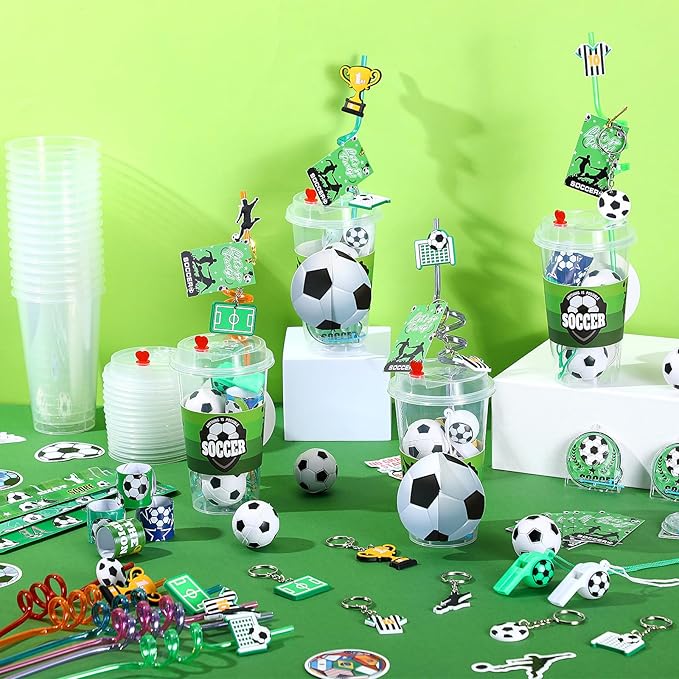 Party Favors Set with Cup Straw Cup Sleeve Bouncy Ball Mini Pinball Machine Keychain Sticker Clap Bracelet Tag for Sport Reward Birthday Gift Party Supplies(195 Pcs,Soccer)