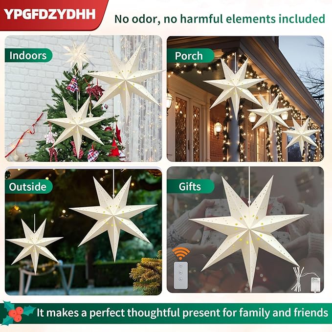 3 Pack 23" Paper Star Lantern with LED Lights, 7-Point Hanging Star Light for Christmas Advent Wedding Birthday–Classic White 3D Paper Lantern with Remote for Indoor Outdoor Decor