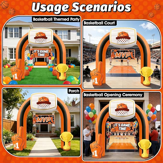 9 FT Giant Basketball Inflatable Arch, Game Day Blow up Basketball with 1 Blower Built-in 5LED Lights and 2 Banners for Team Coach Stadium Basketball Yard Outdoor Party Decorations