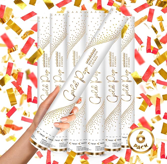RED & GOLD Confetti Poppers - 16" BIODEGRADABLE RED & GOLD Confetti Cannon, Party Poppers, Compressed Air Popper, Loud Pop, Wedding Confetti Send Off, Wedding Supplies and Decorations