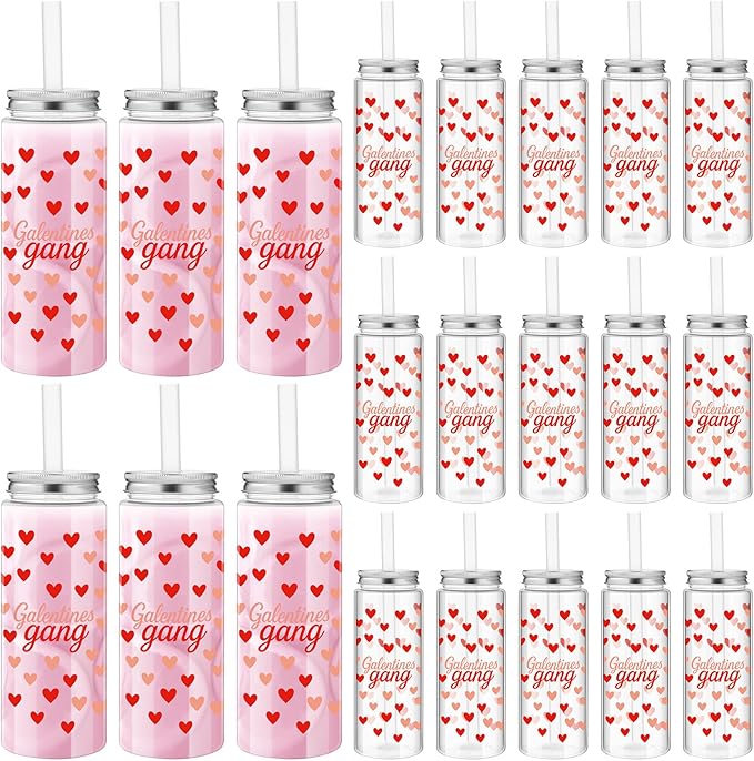 LemonRoad 24 Pcs Galentines Gang Cups Bulk 13.5 oz Reusable Valentines Day Plastic Cup Red Heart Pattern Drinking Mugs Lids and Straws Valentines Day Gifts Party Supplies for Coworker Nurses Friends