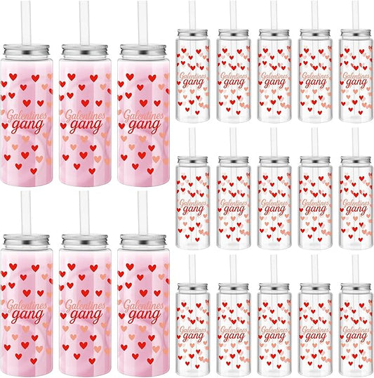 LemonRoad 24 Pcs Galentines Gang Cups Bulk 13.5 oz Reusable Valentines Day Plastic Cup Red Heart Pattern Drinking Mugs Lids and Straws Valentines Day Gifts Party Supplies for Coworker Nurses Friends