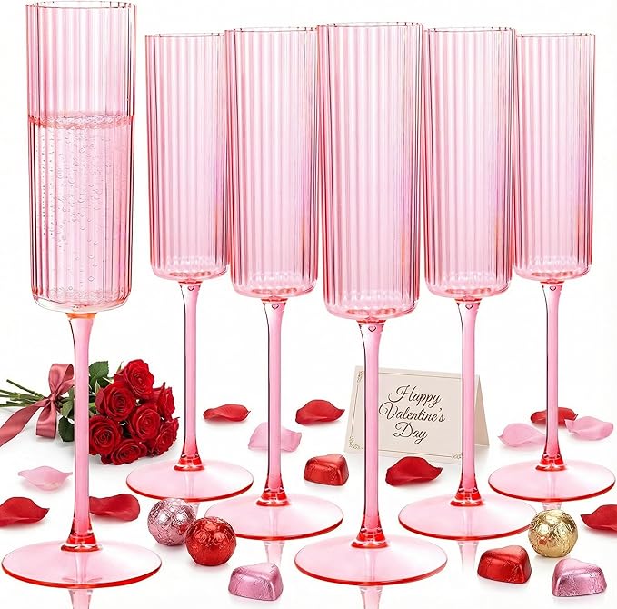 36 Pack Pink Plastic Champagne Flutes - 6oz Ribbed Disposable Champagne Glasses - Clear Pink Vintage Mimosa Glasses with Long Stem Elegant & Lightweight for Valentine's Day Wedding Party