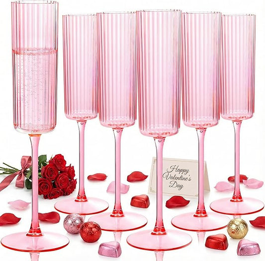 36 Pack Pink Plastic Champagne Flutes - 6oz Ribbed Disposable Champagne Glasses - Clear Pink Vintage Mimosa Glasses with Long Stem Elegant & Lightweight for Valentine's Day Wedding Party