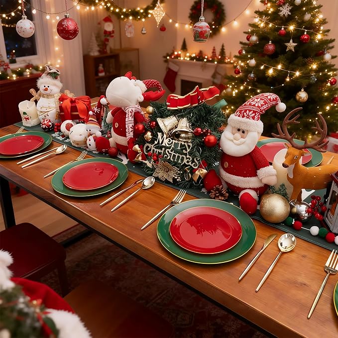 I00000 150Pcs Red and Green Plastic Plates with Gold Rim,Fancy Christmas Plastic Plates,Nice Christmas plates Set include 30 Dinner Plate,30 Dessert Plate, 90 plastic Silverware Set for christmas