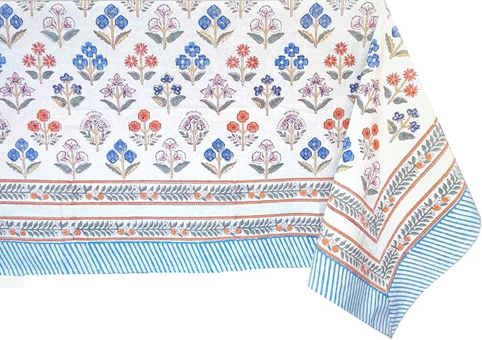 ATOSII Flora Bloom 100% Cotton Rectangle Summer Tablecloth, Block Print Floral Table Cloth Linen for Kitchen Dining I Parties Wedding Outdoors I Home Decor 60 X 108 Inches I 8 Seater I Memorial Day