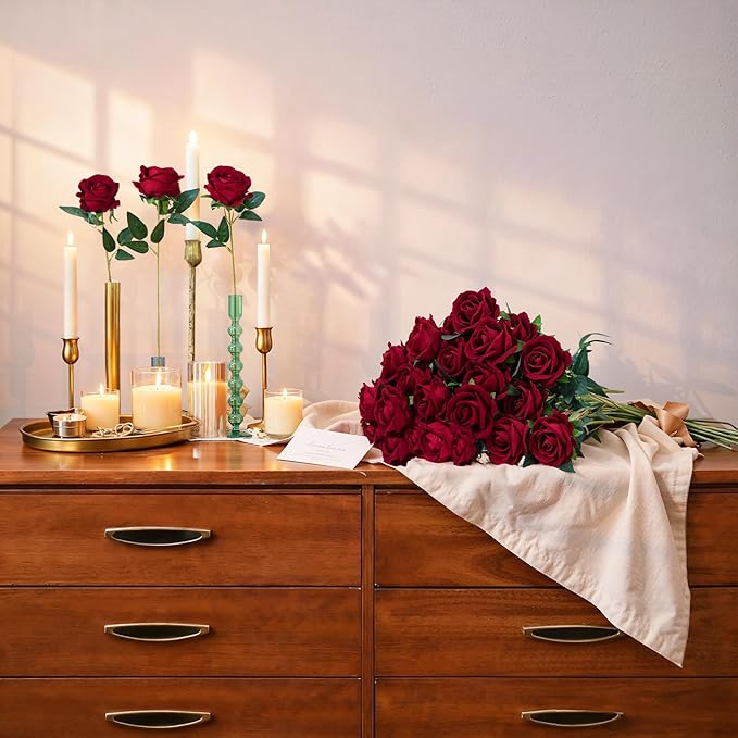 50 PCS Burgundy Roses Artificial Flowers, Fake Roses with Stem Realistic Silk Roses for DIY Wedding Bouquets Table Centerpieces Arrangements Baby Shower Birthday Home Decor Valentines Day Gift for Her