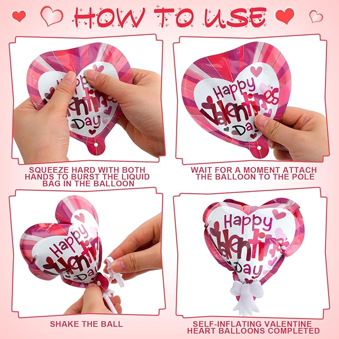 60 Pcs 4 Inch Valentine‘s Day I Love You Balloons Self Inflating Valentine Heart Automatic Inflatable Mini Foil Balloons on a Stick for Party Decor