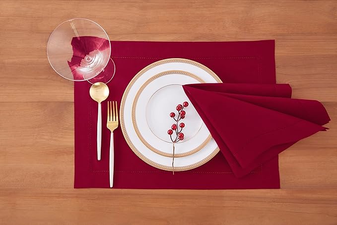Solino Home Red Placemats Set of 4 - Cotton Linen Hemstitch Placemats 14 x 19 Inch for Winter, Valentines