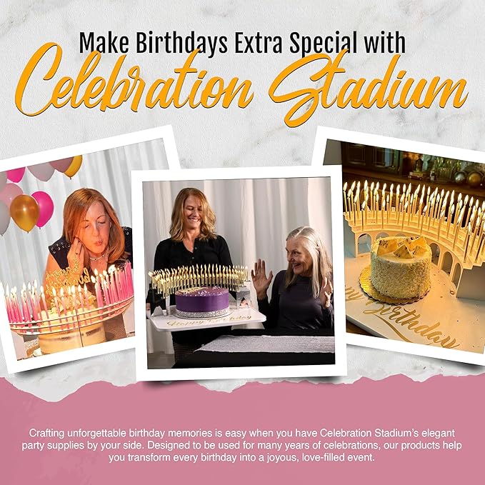Modular Birthday Candle Holder Grandstand for Milestone Birthdays - Perfect for 40th, 50th, 60th, 70th, 80th, 90th, & 100th - Includes 100 Gold Birthday Candles - Cake Decorations