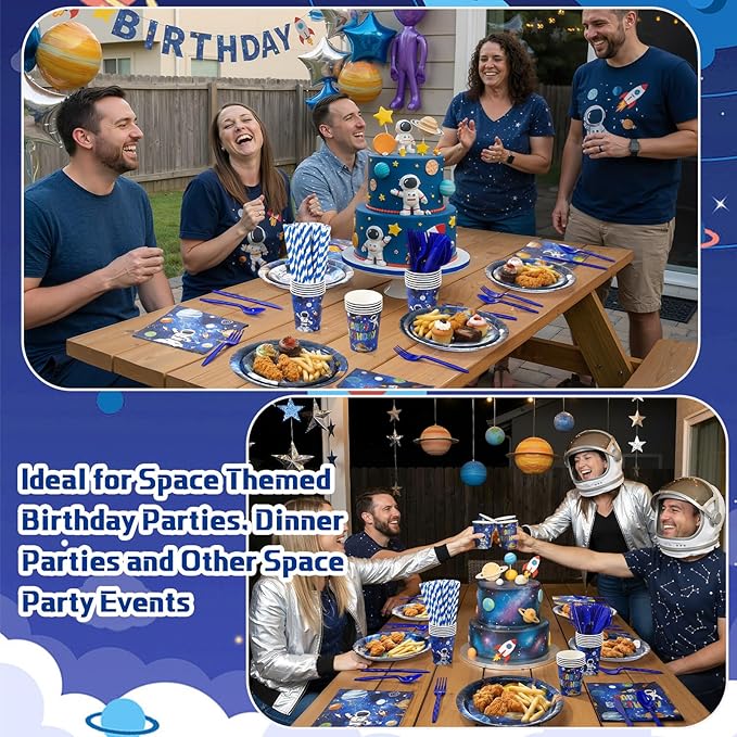 450 Pcs Space Birthday Tableware Set Decorations, Solar System Paper Plates Napkins Cups Cutlery Straws for Astronaut Theme Birthday Baby Shower Party Supplies, Serves 50