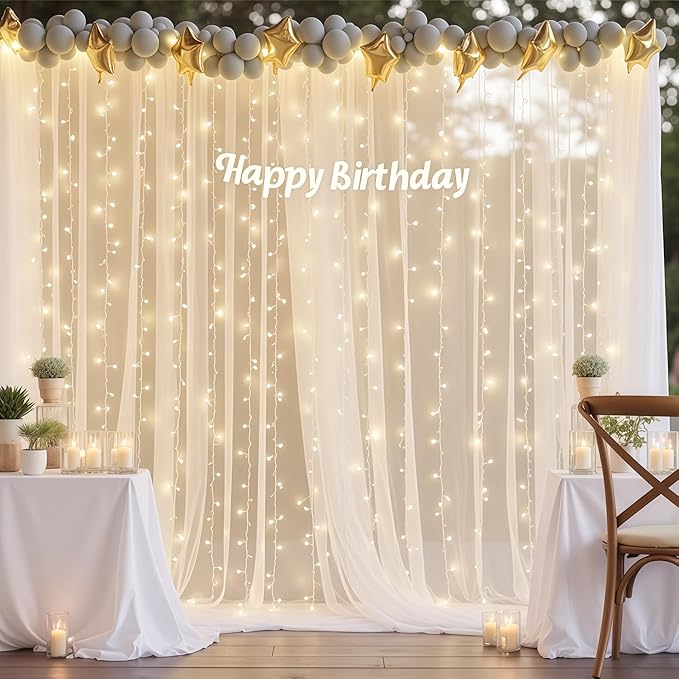 30x8ft White Tulle Backdrop Curtain with Lights String for Parites, Sheer Photo Backdrop Curtains with Lights for Wedding Backdrop Ceremony Reception Bridal Shower Baby Shower Birthday Party