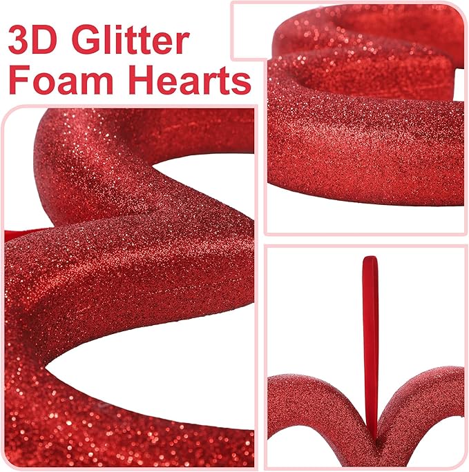Aneco 8 Pieces Valentine's Day Heart Hanging Ornaments for Tree 9.45 Inch 3D Heart Shaped Decorations Glitter Foam Hearts Wreath for Wedding Valentine Front Door Wall Home Decor