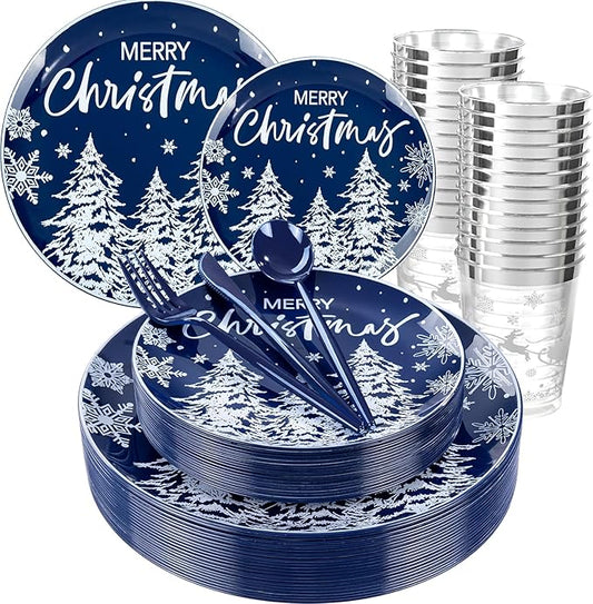 Supernal 150pcs Blue Christmas Plastic Plates - Christmas Party Tableware Set Include Blue Plastic Plates with White Xmas Trees, Heavy Duty Silverware Disposable, Silver Cups for New Year