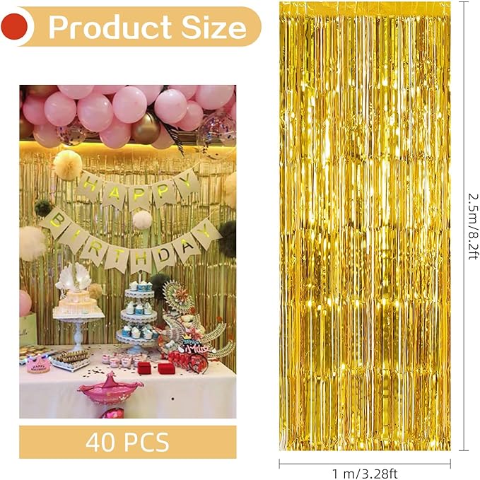 40 Pack Gold Foil Curtain Backdrop Metallic Tinsel Foil Fringe Curtains Photo Booth Props for Birthday Party Decoration Christmas Holiday Halloween New Year Party Supply