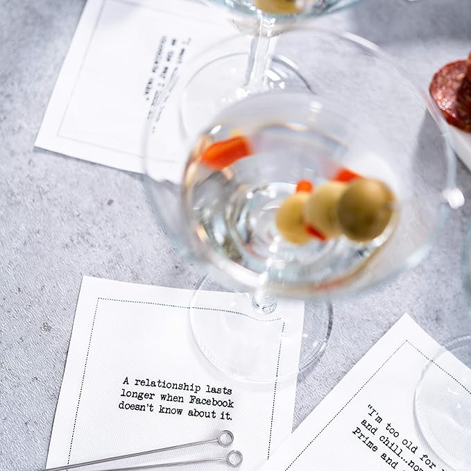 Five Star Funny Realationship Quotes | White Cotton Cocktail Napkins | 50 Luxury Disposable Beverage Napkins with Witty Bar Quotes | Drink Napkins for Parties, Bars, Weddings & Game Nights