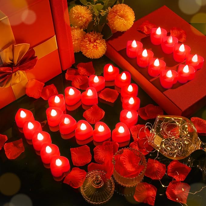 Coume 6000 Pcs Artificial Rose Petals with 120 Pcs Heart LED Tea Lights Candles Kit Valentines Rose Petals Candles Set for Romantic Night Anniversary Proposal Wedding Date Hotel(Red Light)