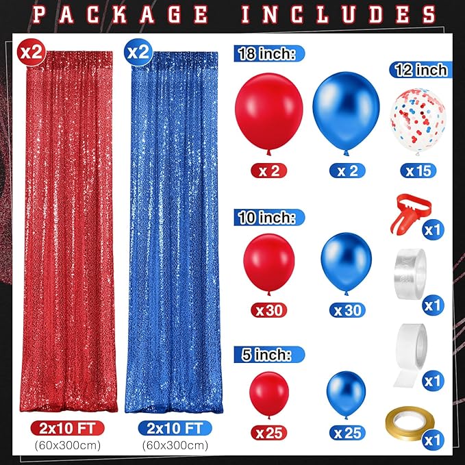 137 Pcs Red Blue Party Decorations with 4 Sequin Backdrop Curtains 133 Balloon Arch Kit Glitter Photo Backdrop Background for Hero Birthday Wedding Anniversary Baby Shower Graduation