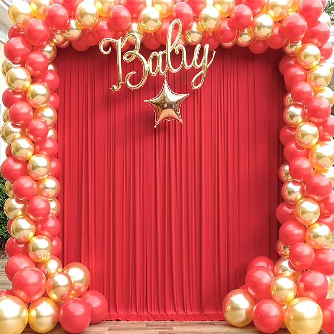 50ft×10ft Wrinkle Free Red Backdrop Curtains for Parties, 10 Panels 5×10ft Thick Silky Polyester Red Photo Backdrop Drapes Curtain for Themed Party Birthday Baby Shower Baptism Wedding Photography
