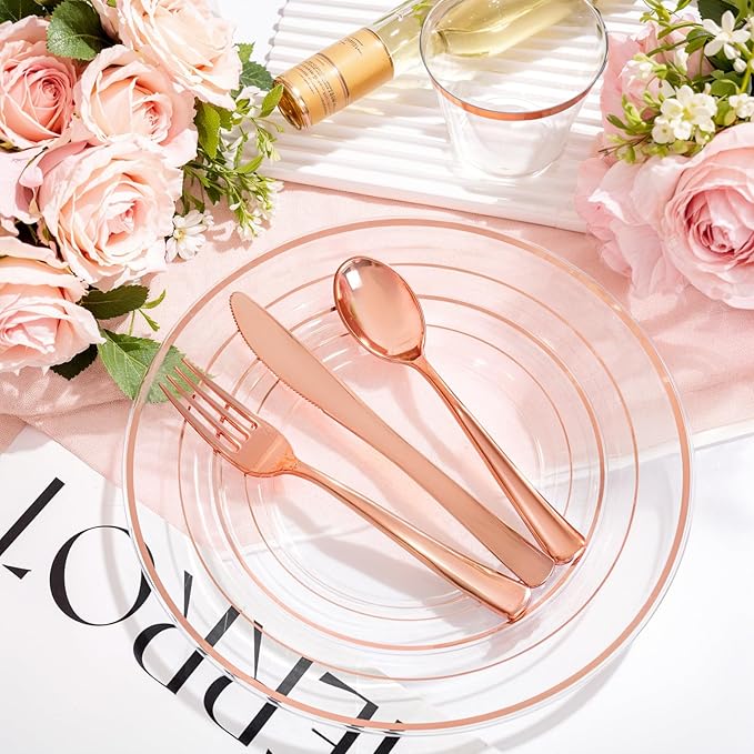 bUCLA 150PCS Clear Rose Gold Disposable Dinnerware set - Rose Gold Plastic Plates Include 25 Dinner / 25 Dessert Plates, 25 Knives, 25 Forks, 25 Spoons, 25 Cups for Party, Wedding & Valentines Day