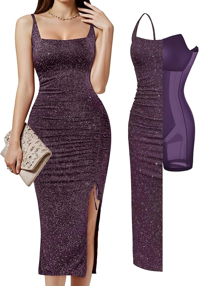 Popilush Shapewear Midi Dress Women's Sparkly Formal Wedding Guest Cocktail Dresses Fall Square Neck Ruched Dress Side Slit