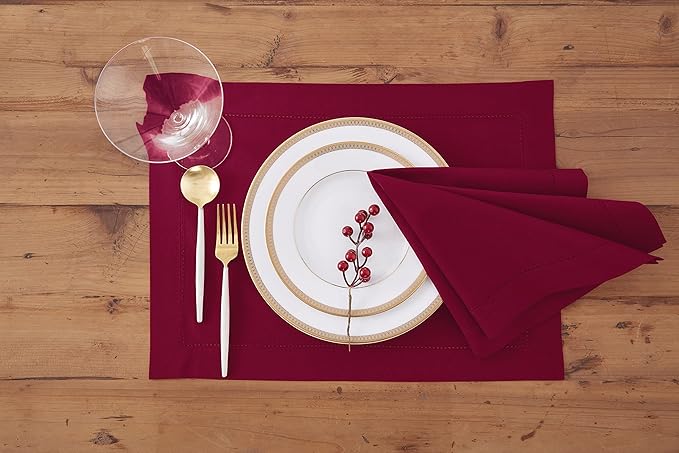 Solino Home Red Napkins Set of 4 - Cotton Linen Hemstitch Dinner Napkins Cloth 20 x 20 Inch for Winter, Valentines - Handcrafted and Machine Washable