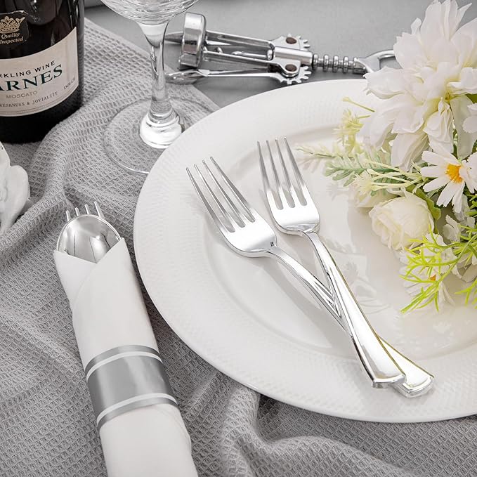 Liacere 100 Pack Silver Plastic Silverware-Pre Wrapped cutlery and Napkin-Pre Rolled Silverware Disposable 100 Forks, 100 Knives 100 Spoons, 100 Napkins Plastic Utensils＆Christmas＆New Year